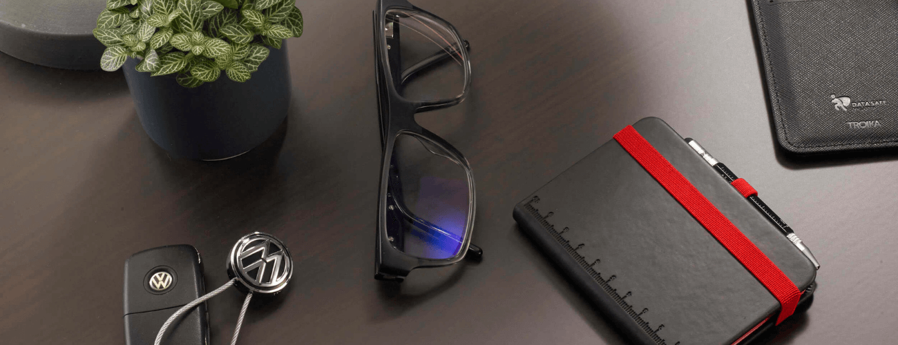 Table with Troika products and glasses