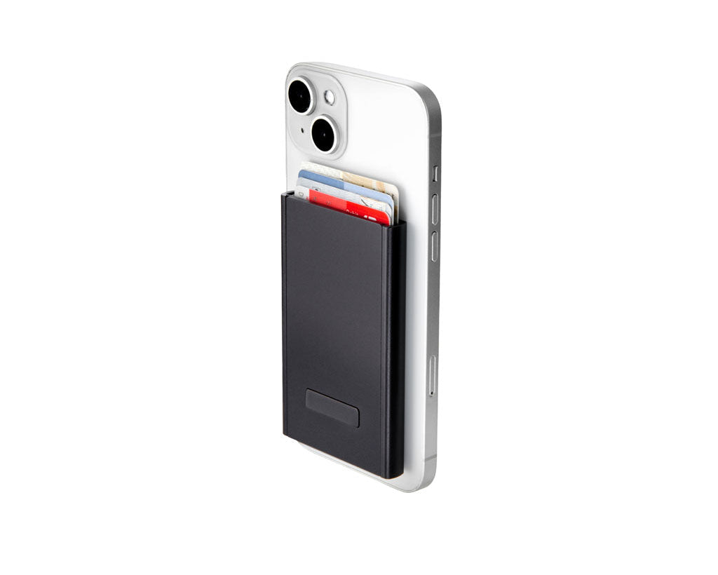 TROIKA Card Case Sherlock Black – CCM45/BK, with MagSafe and data safe, attached to phone