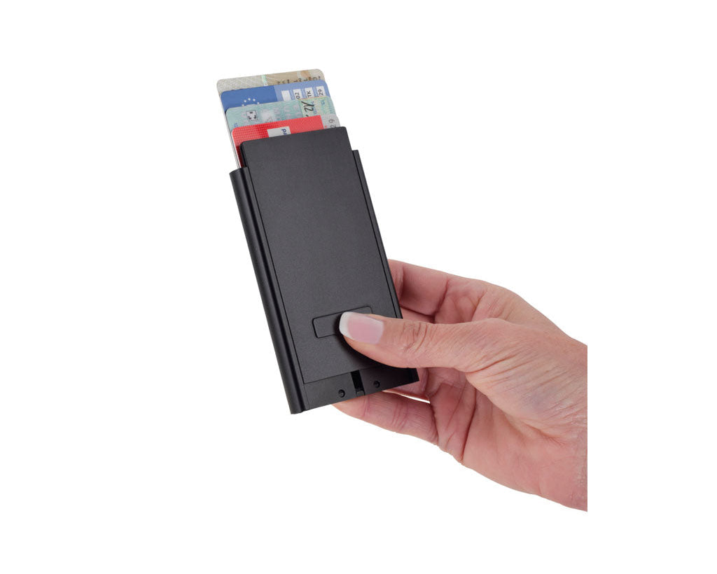 TROIKA Card Case Sherlock Black – CCM45/BK, with MagSafe and data safe, showing opening mechanism