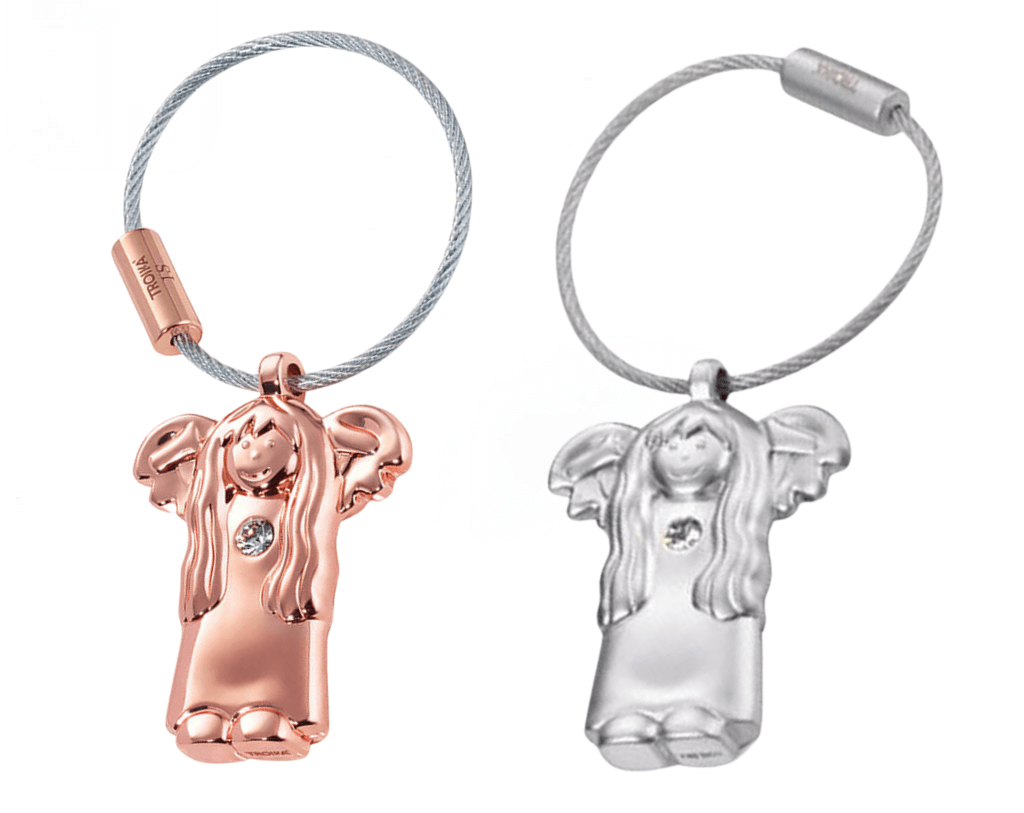Two TROIKA Guardian Angel keychains, one in rose gold and one in silver, each featuring a figure in a nightgown design with a SWAROVSKI crystal.