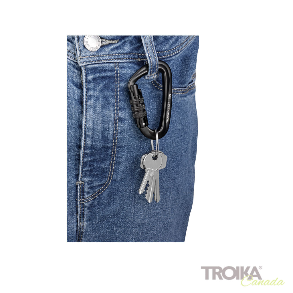 TROIKA Keychain Troikarabiner Black – KAR12/BK attached to blue jeans