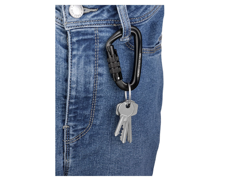 TROIKA Keychain Troikarabiner Black – KAR12/BK attached to blue jeans