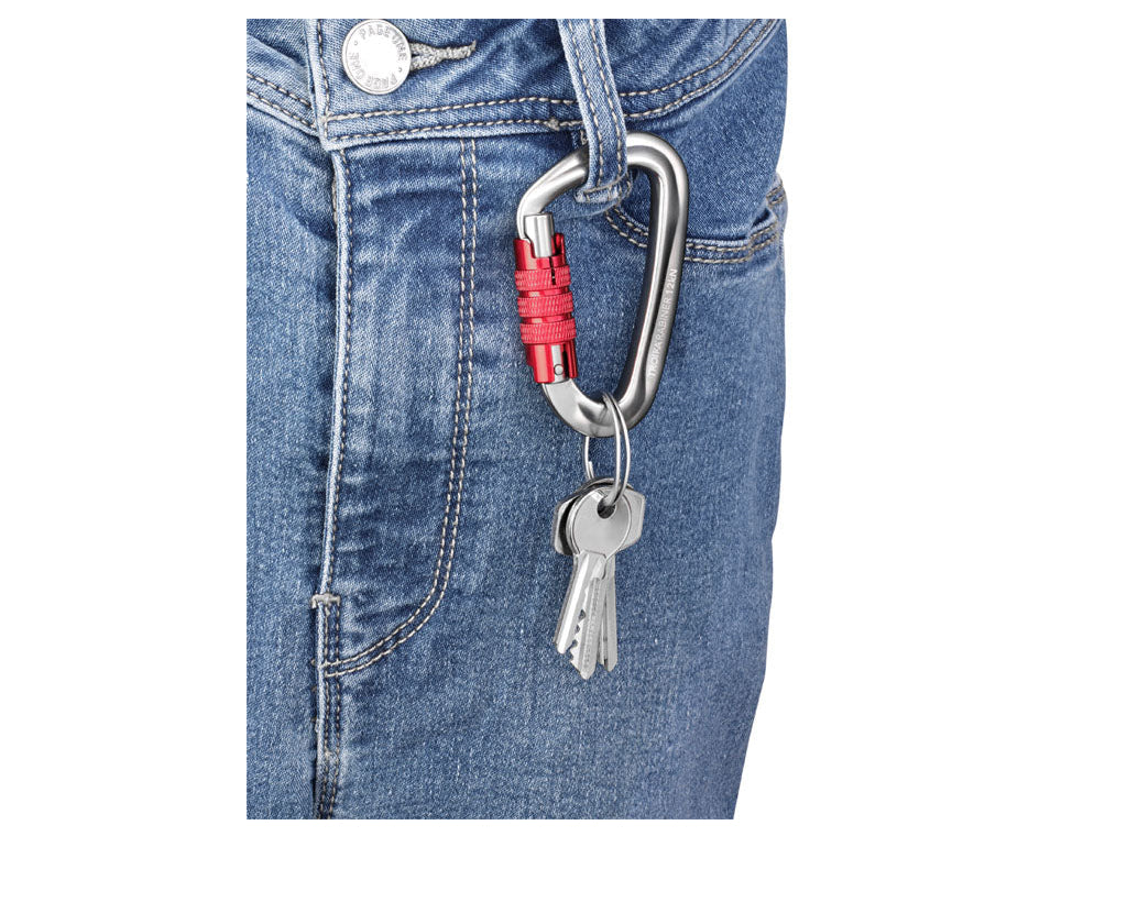 TROIKA Carabiner Troikarabiner Red – KAR12/RD attached to blue jeans