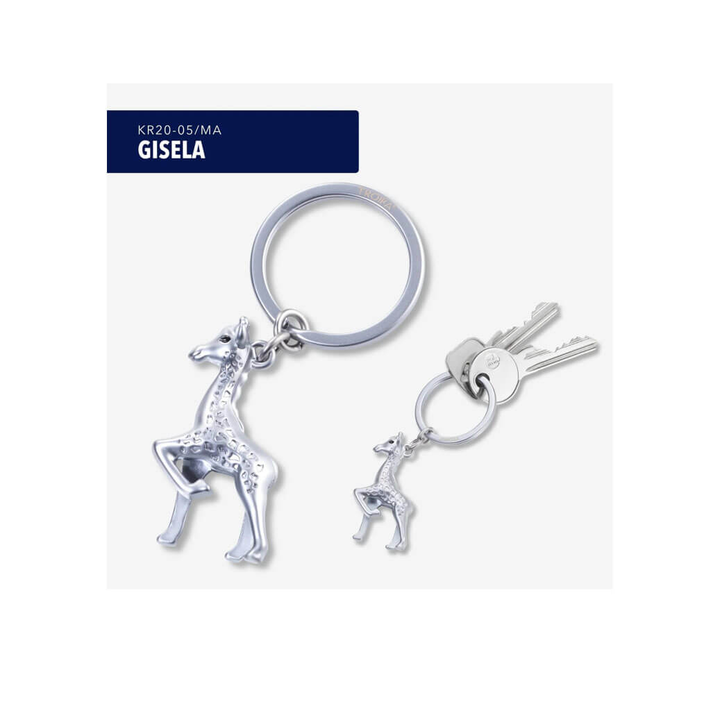 TROIKA GISELA, a giraffe keyring in matt silver-coloured chrome-plated metal. A playful, durable accessory for animal lovers and nature enthusiasts.
