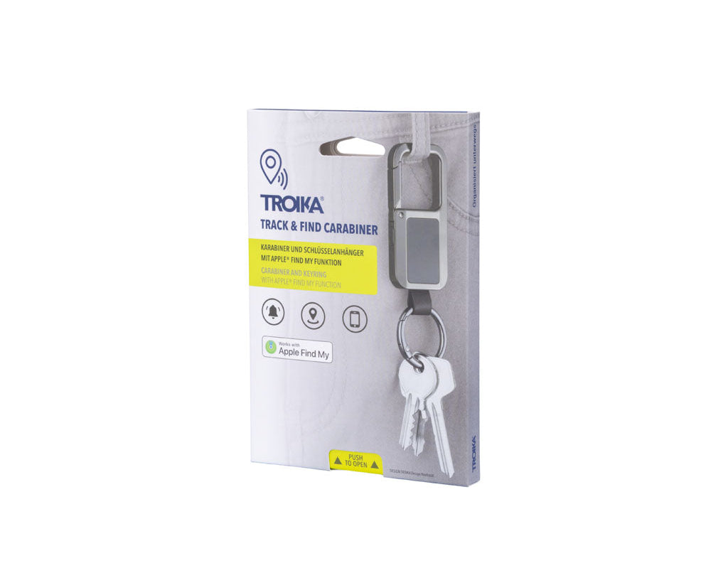 Troika Track & Find Carabiner keychain -KR26-13/GM, in its retail packaging, featuring a silver and gray carabiner with two keys attached.