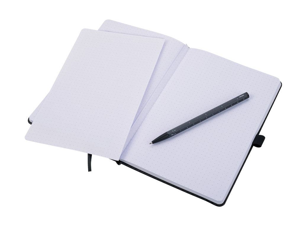 TROIKA Notepad Slimpad A5 Carbon – NPP40/CB with open pages and pen