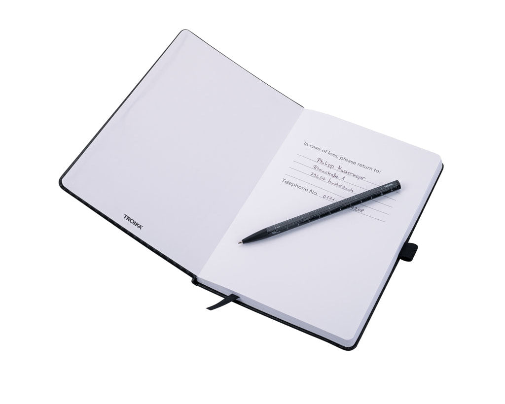 TROIKA Notepad Slimpad A5 Carbon – NPP40/CB, first page and with pen
