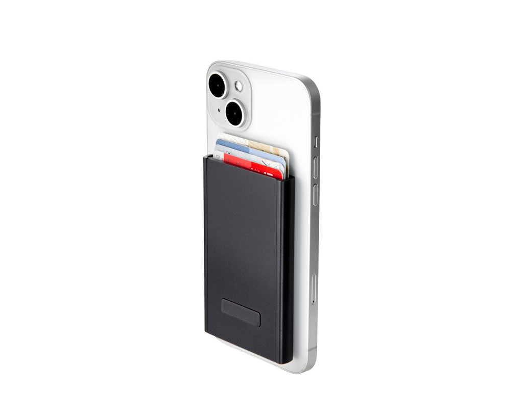 TROIKA Card Case Sherlock Home Carbon Optic – WAL45/CB, showing removalble card case with data safe attached to a phone