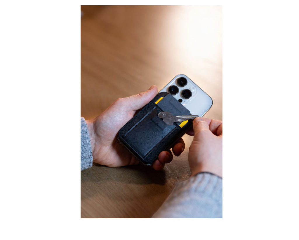 TROIKA Card Case Cash Cards Key Black – CCM25/BK attached to phone and showing key compartment