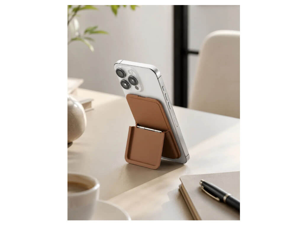 TROIKA MAGNETIC SAFE MagSafe card holder in brown with space for 4 cards, cash or keys. Features a built-in phone stand and adhesive metal ring.