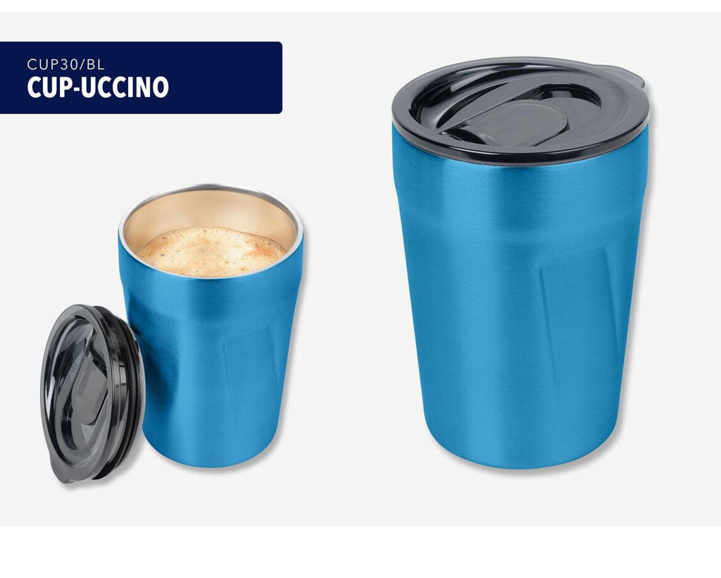 TROIKA CUP-UCCINO blue - shot with open lid and coffee inside