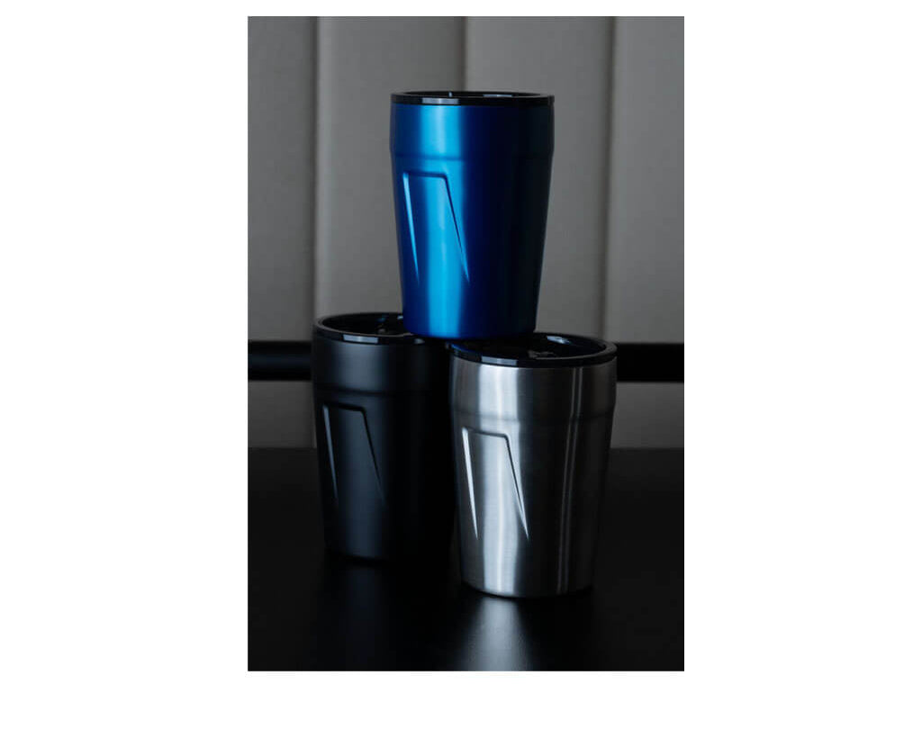 TROIKA CUP-UCCINO - view of 3 mugs in blue, black and silver showing modern design