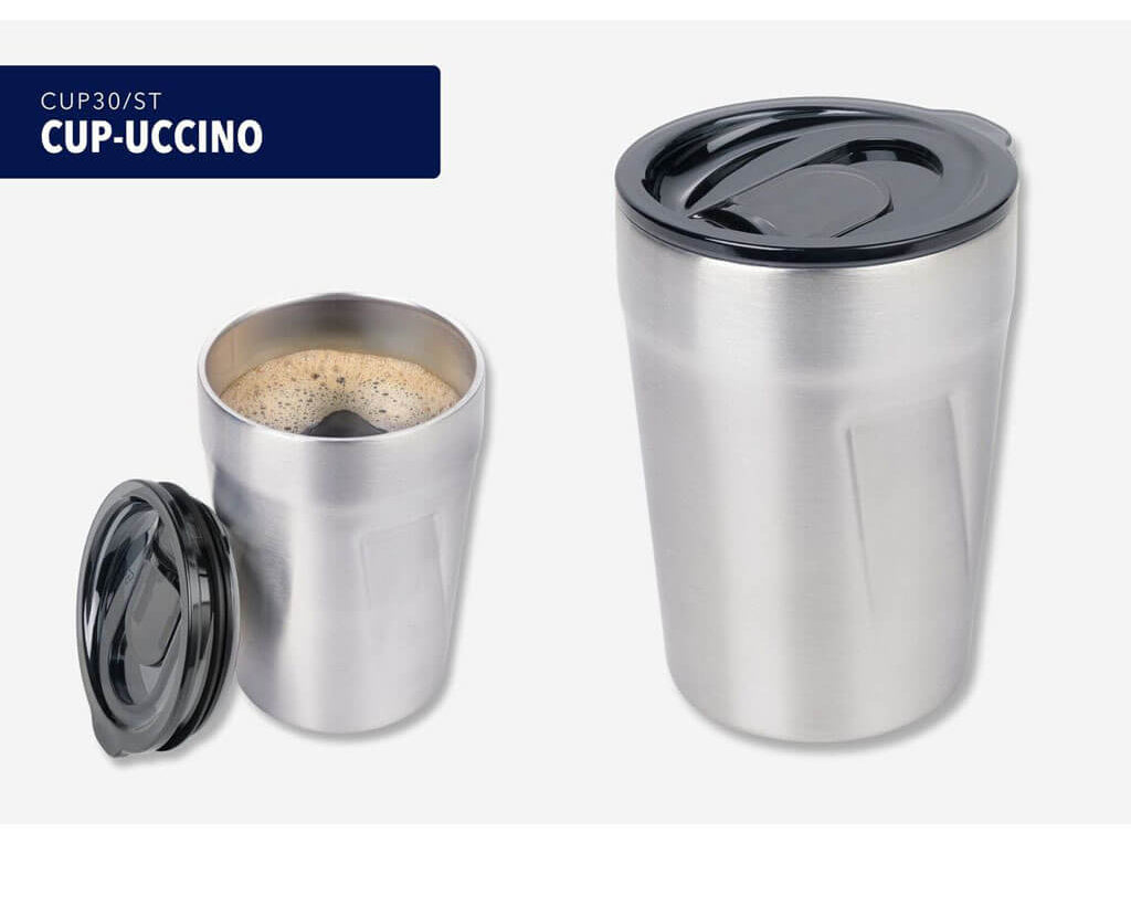 TROIKA CUP-UCCINO silver - shot with open lid and coffee inside