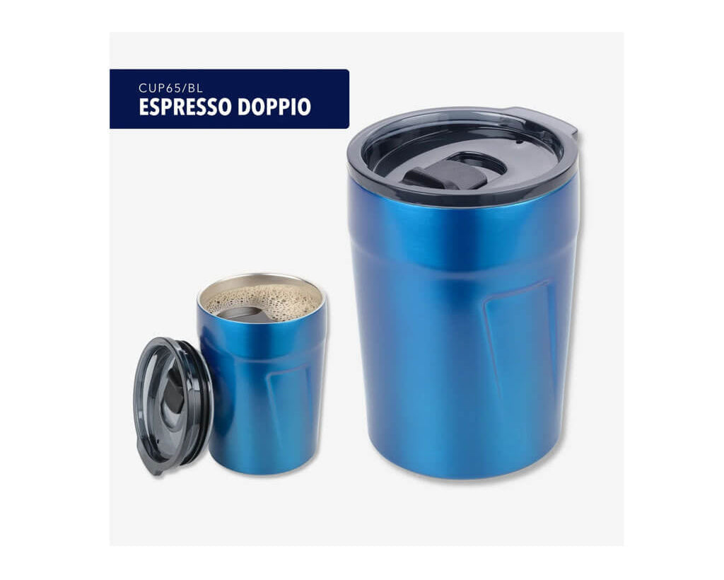 TROIKA ESPRESSO DOPPIO 160 ml thermal cup in blue. Double-wall insulation, spill-resistant lid and 75% recycled stainless steel for coffee on the go.