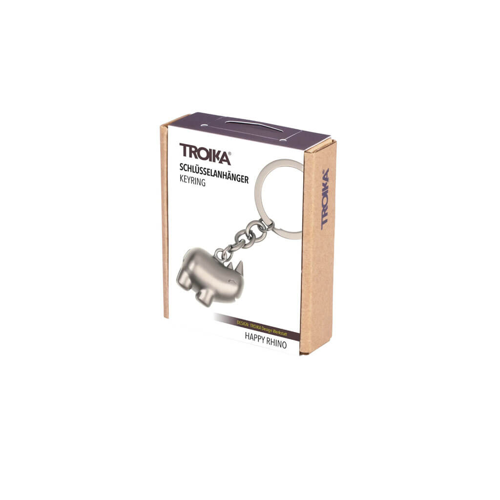 TROIKA HAPPY RHINO keyring featuring a cute rhinoceros design in matt gunmetal chrome-plated metal. A cheerful accessory and gift with personality.