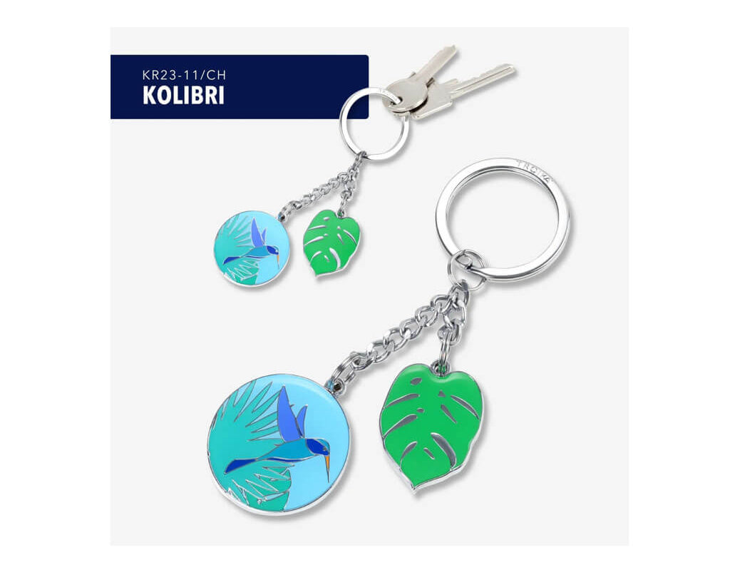 TROIKA KOLIBRI keyring with colourful hummingbird and monstera leaf charms in blue, turquoise and green enamel. A nature-inspired accessory full of charm.