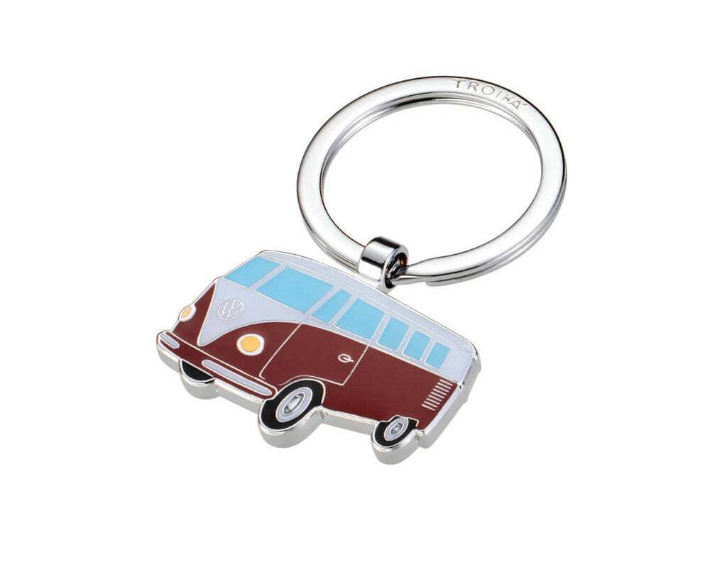 TROIKA VW BULLI T1 keyring in vibrant red, featuring the iconic Volkswagen van in shiny chrome-plated metal with enamel details. A perfect gift for VW fans.