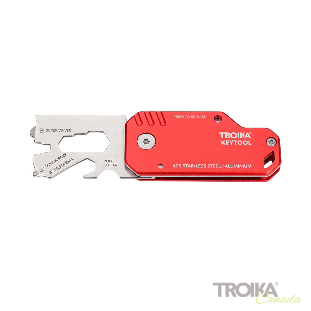 TROIKA Mini Tool Key Tool Red – KTL40/RD showing tools, front