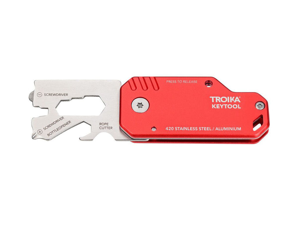 TROIKA Mini Tool Key Tool Red – KTL40/RD showing tools, front