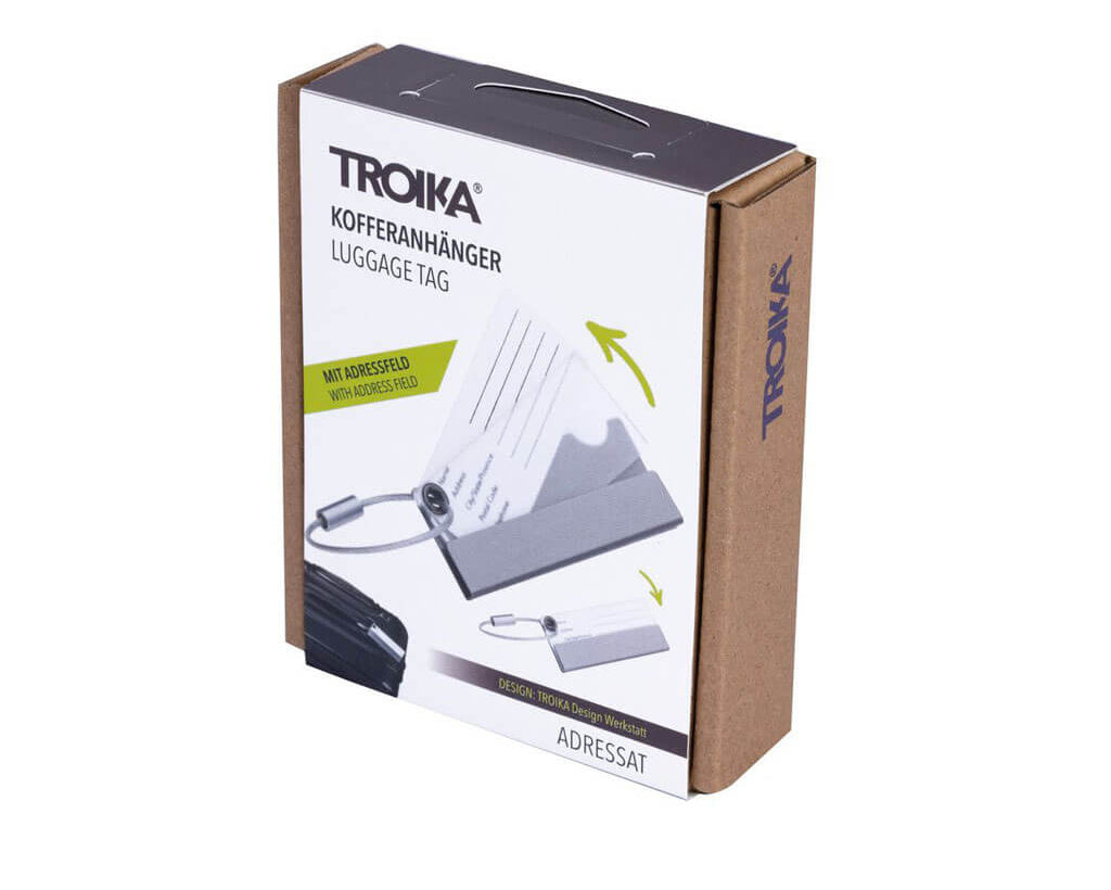 TROIKA Luggage Tag Adressat – LTG01/AL, silver with white address tag, packaging