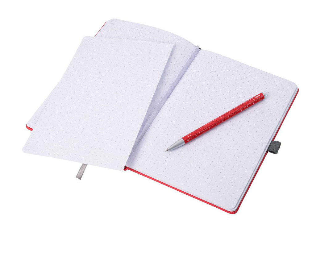 TROIKA Notepad "SLIMPAD A5" - Red opened with basic pen