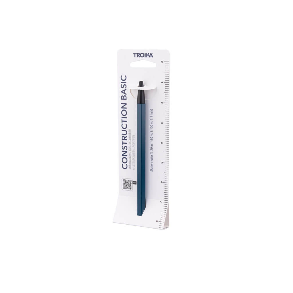 TROIKA CONSTRUCTION BASIC multitasking ballpoint pen with black D1 refill, centimetre/inch ruler and 1:20 and 1:50 scales in shiny black and petrol blue.