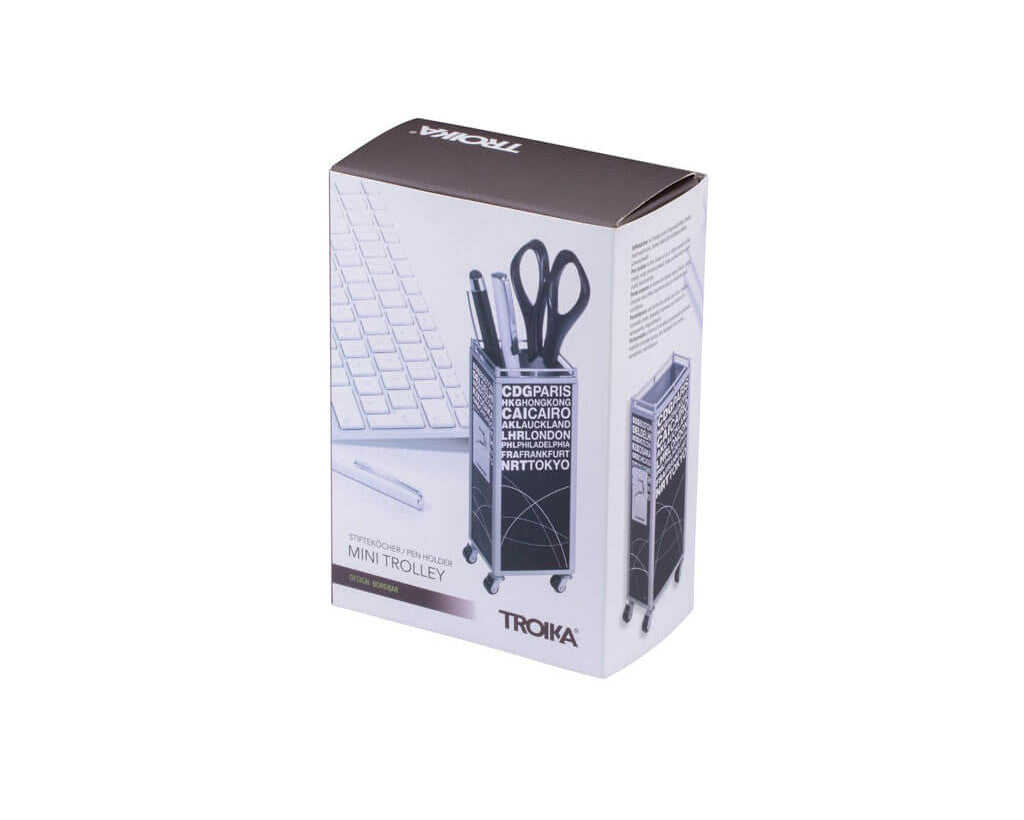TROIKA Pen Holder Mini Trolley Black – PHO07/BK in packaging
