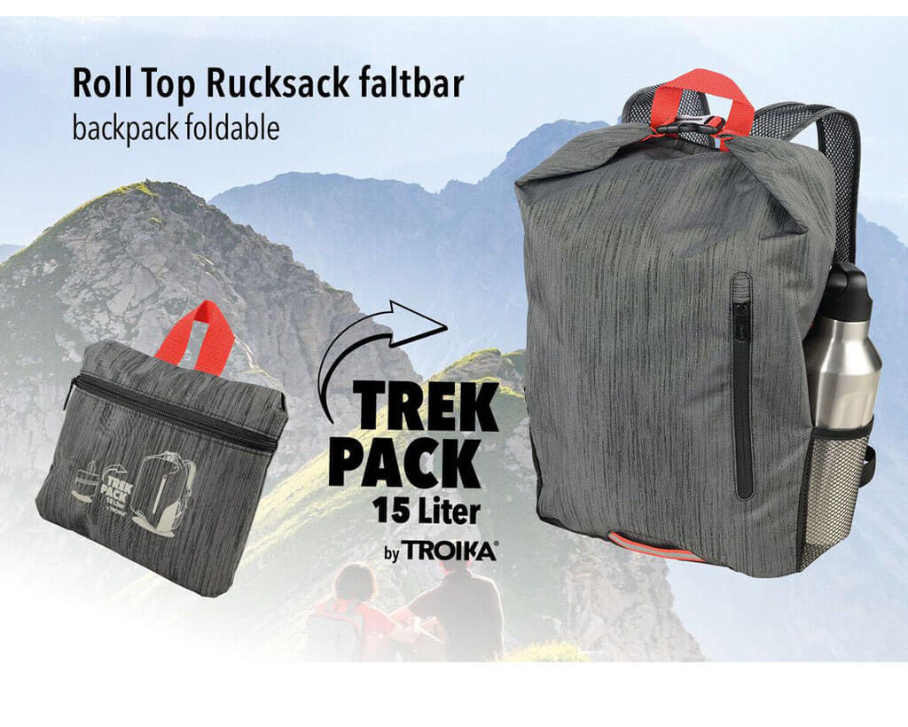 TROIKA Roll Top Backpack Trekpack Grey – RUC02/GY - folded and unfolded