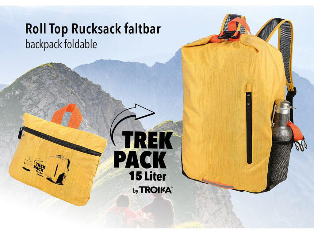 TROIKA Roll Top Backpack Trekpack Yellow – RUC02/YE - folded and unfolded