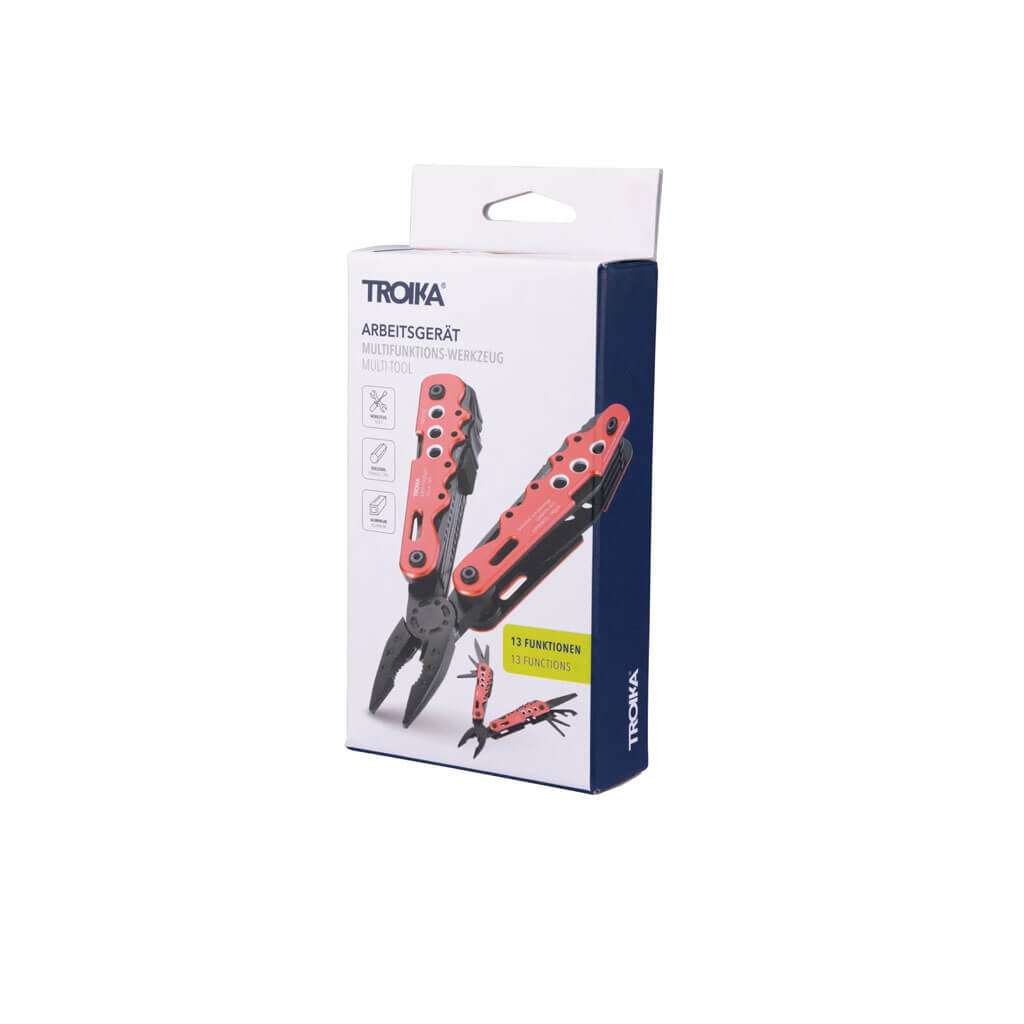 TROIKA ARBEITSGERÄT multitool with 13 functions, including pliers, knife, saw and screwdrivers. Stainless steel and aluminium with nylon belt pouch.