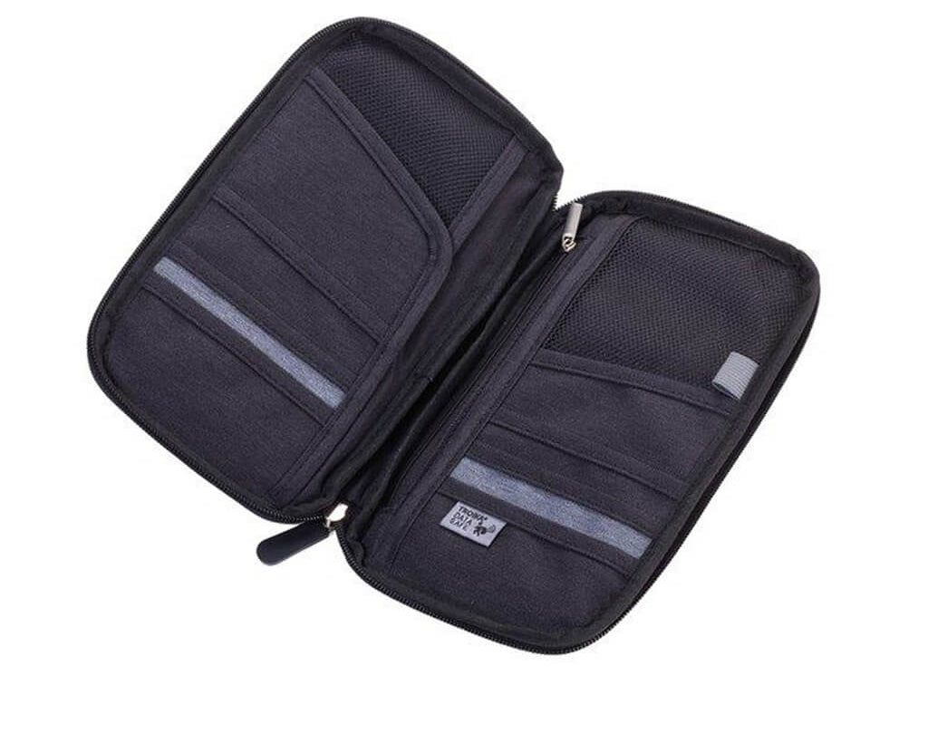 Black Travel Document Organizer - "Around The World" open