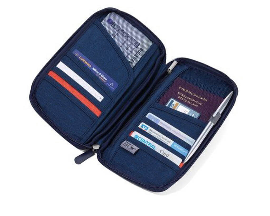 Blue Travel Document Holder open, filled with credit cards and passport