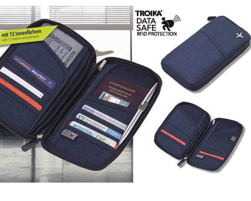 Blue Travel Document Holder closed, open empty and open filled with cards