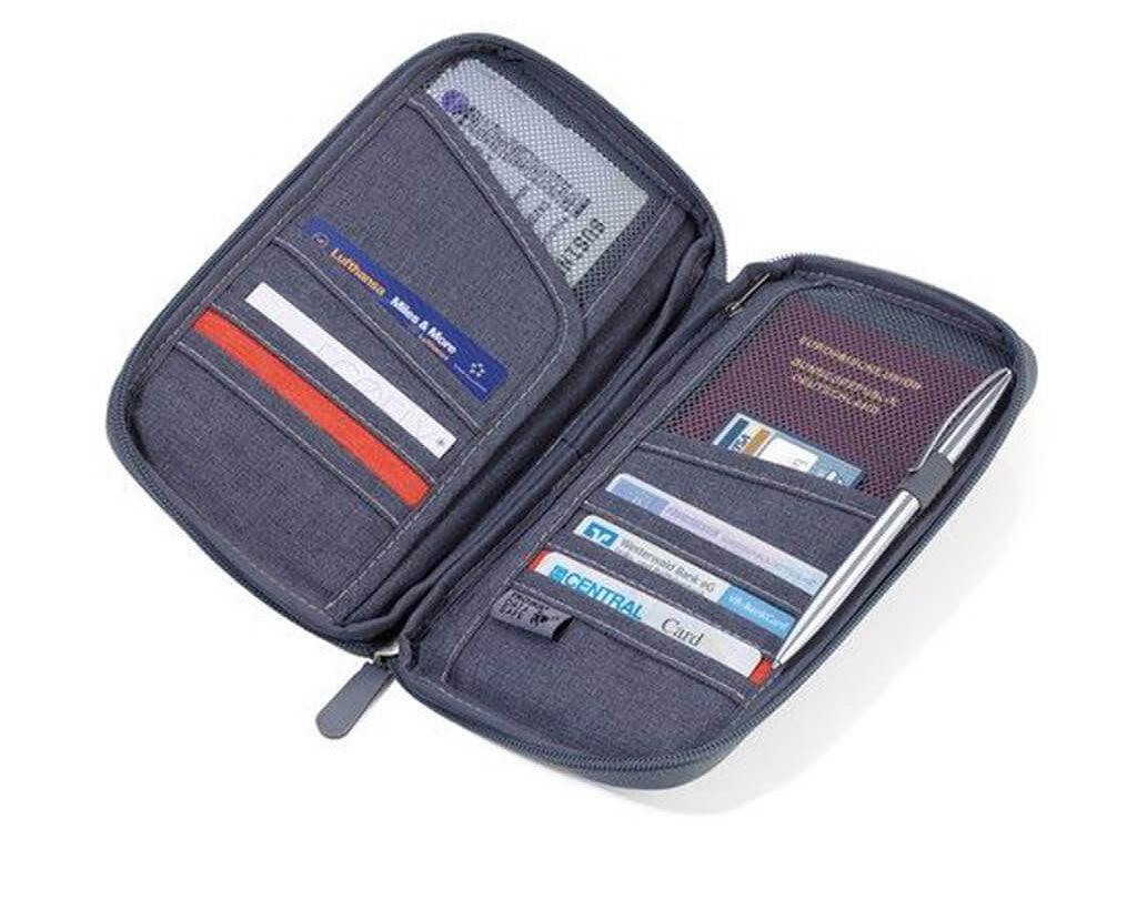 Grey Travel Document Holder with credit cards and passport