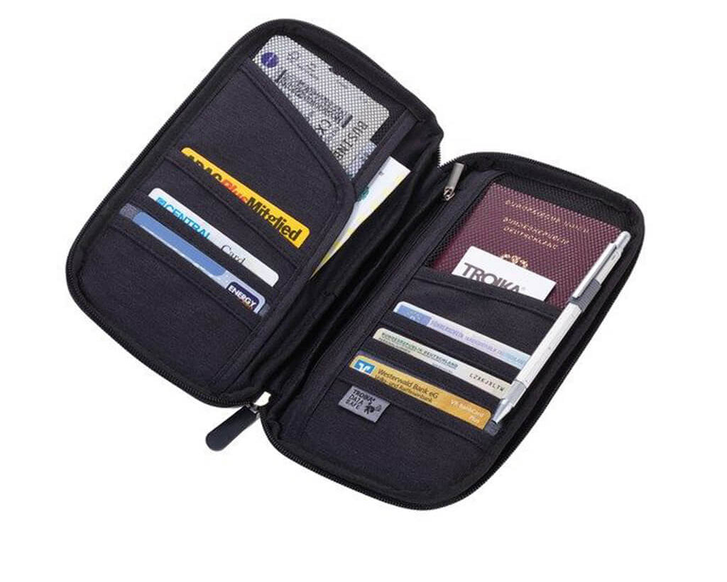 Troika Black Travel Document Organizer - "Around The World" open with cards