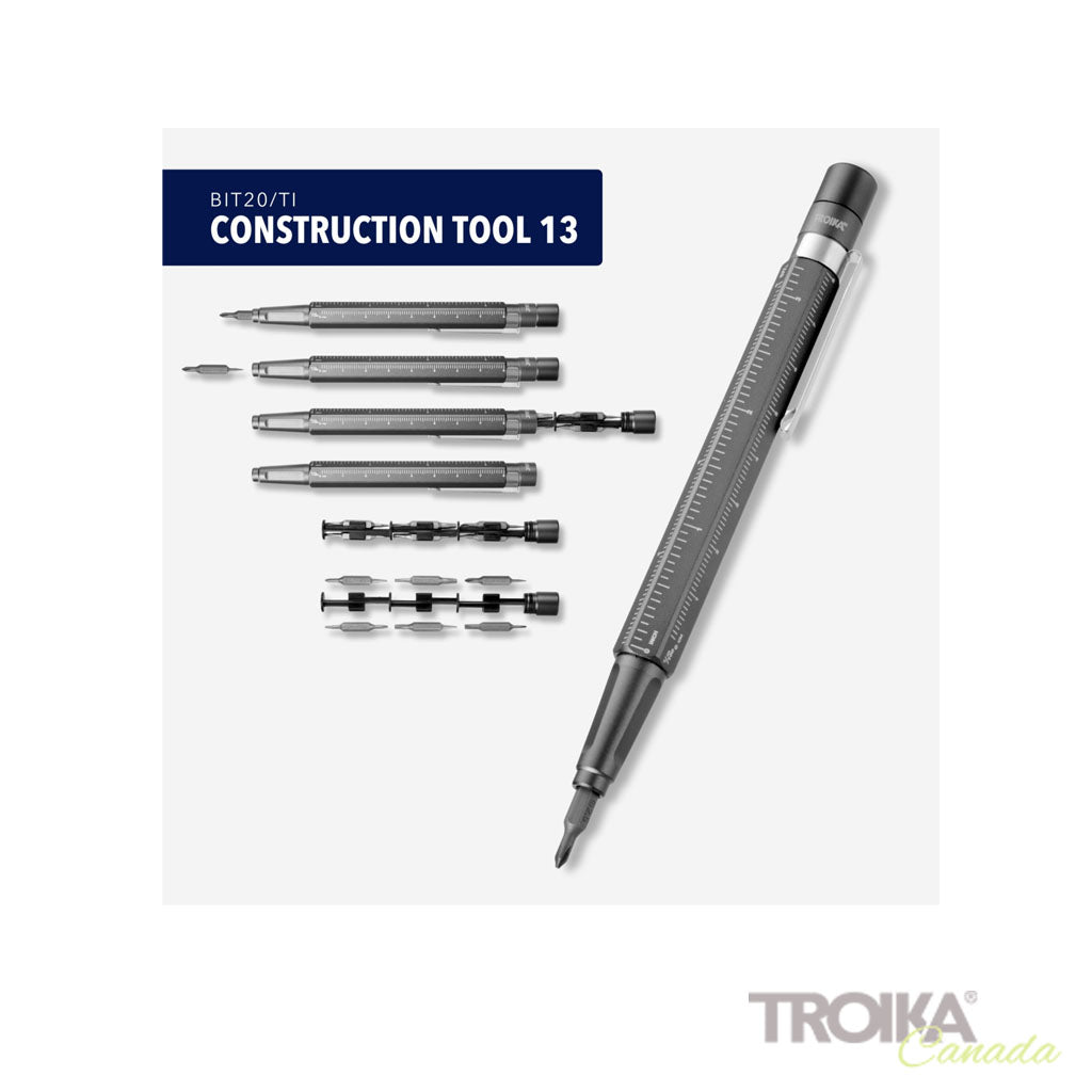 TROIKA Multi Tool Construction Tool 13 Titanium – BIT20/TI showing all bits