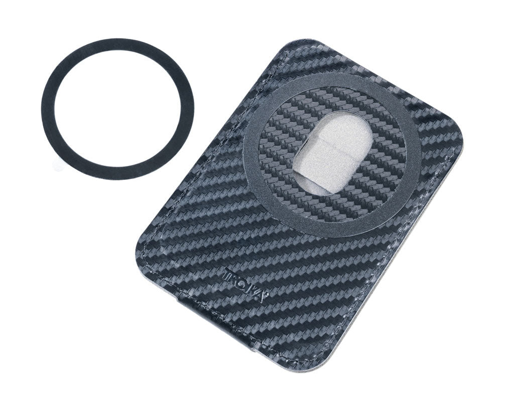 Troika card case Hildecard carbon - CCM20/CB in back view, with MagSafe,  Lost &amp; Found service, for phone attachment , in carbon colour