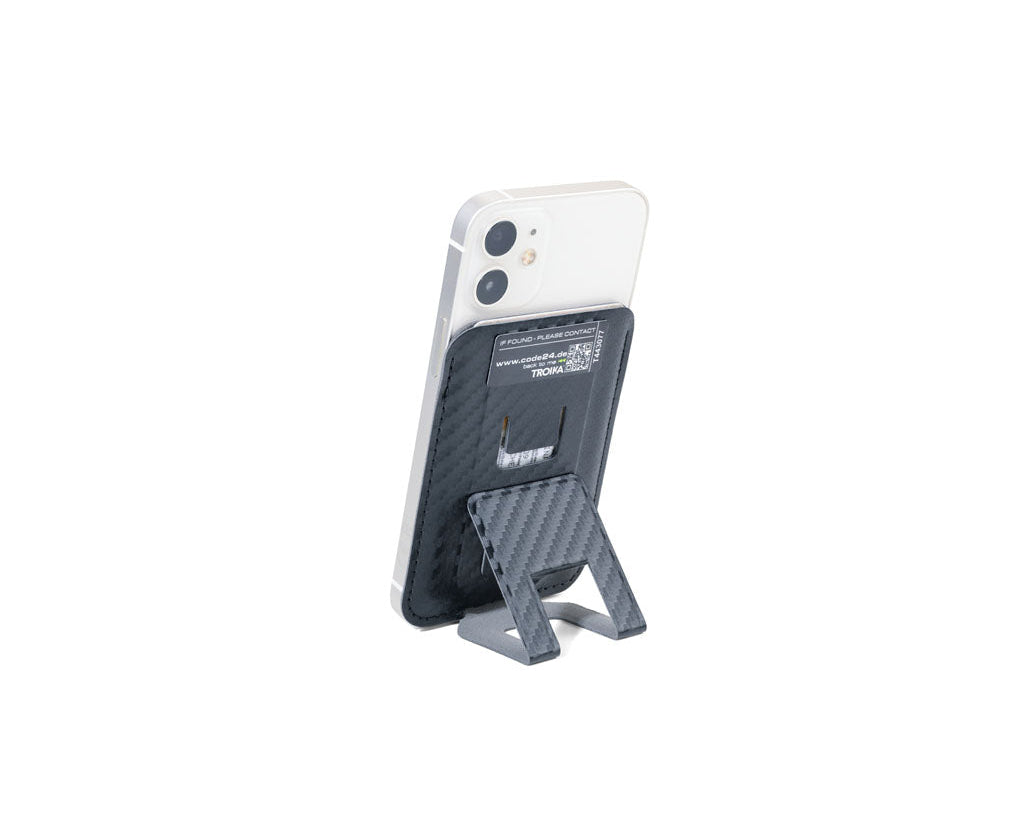 Troika card case Hildecard carbon - CCM20/CB attached to phone, with MagSafe,  Lost & Found service,  in carbon colour