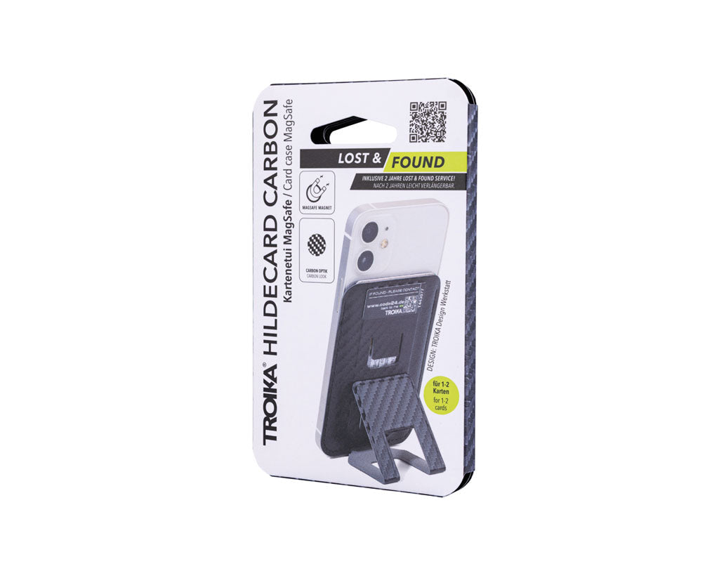 Troika card case Hildecard carbon - CCM20/CB showing packaging with MagSafe,  Lost & Found service, in carbon colour