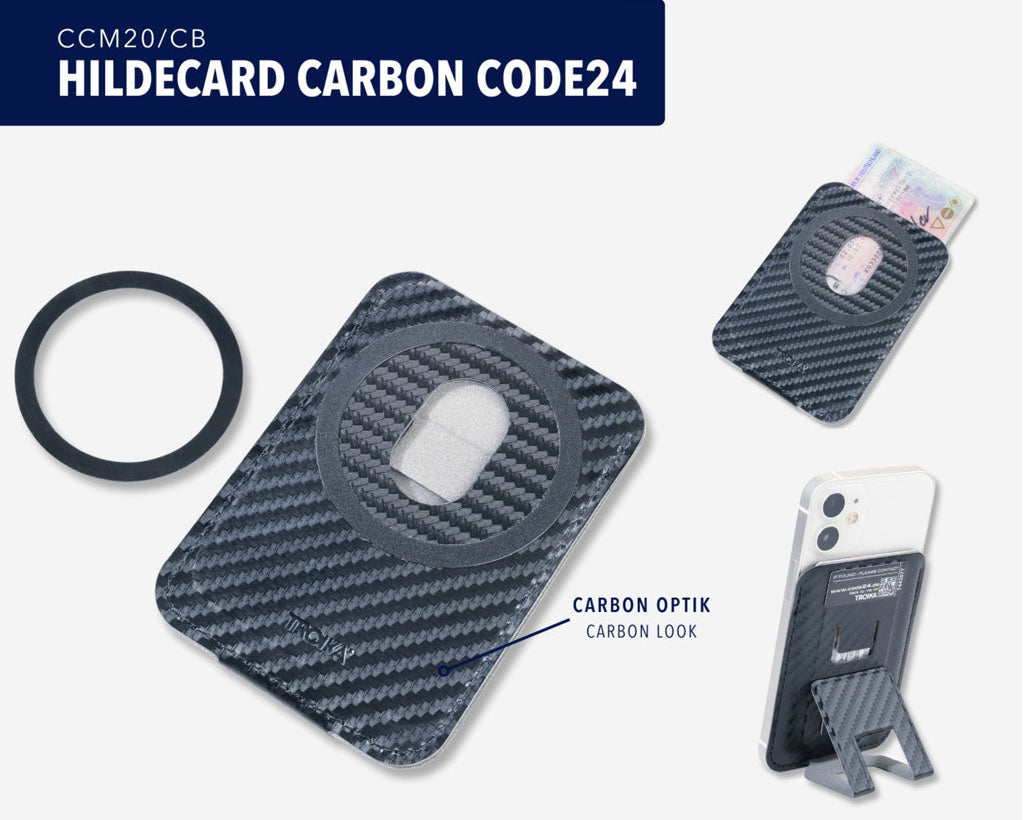 Troika card case Hildecard carbon - CCM20/CB attached to phone, with MagSafe,  Lost & Found service, in carbon colour in different views