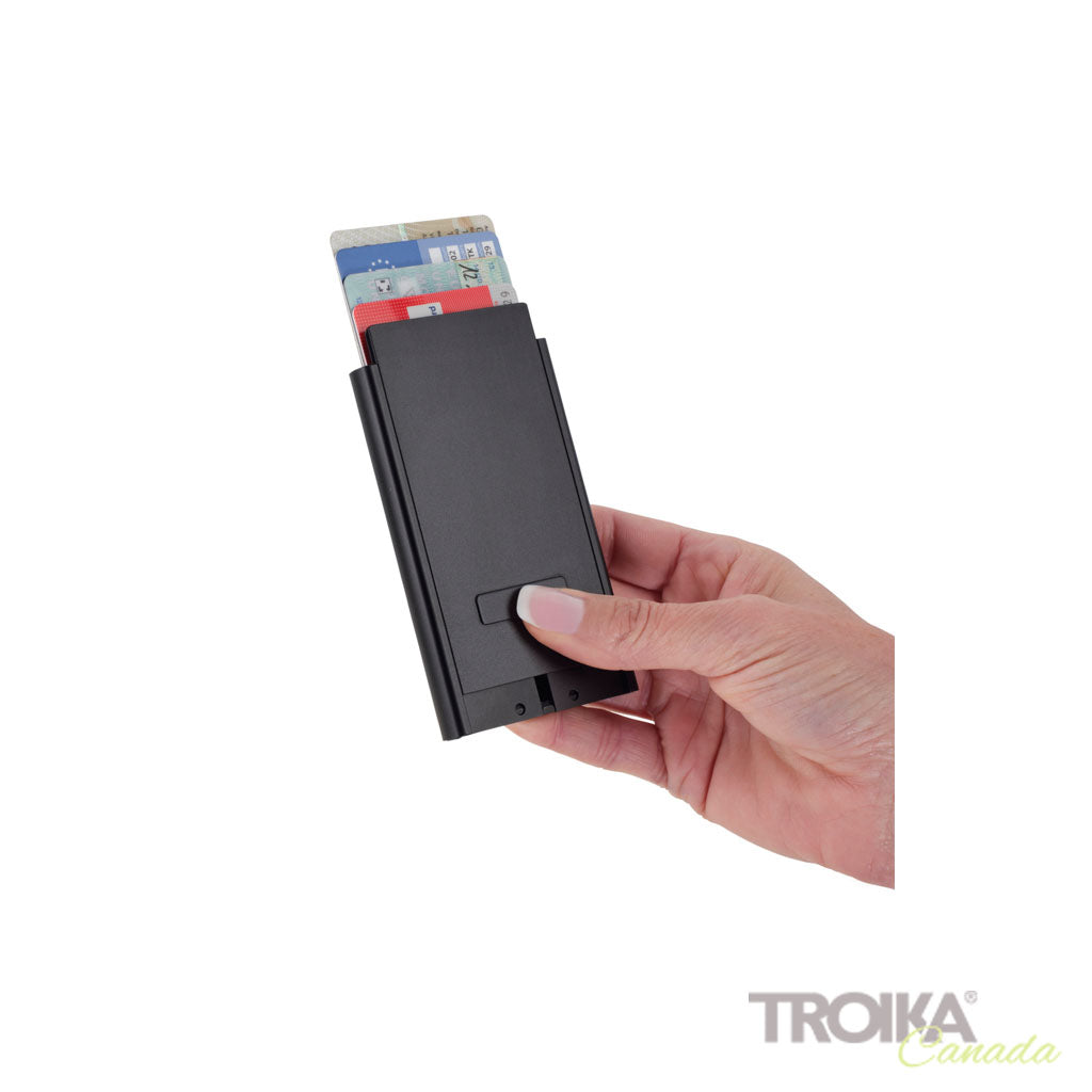 TROIKA Card Case Sherlock Black – CCM45/BK, with MagSafe and data safe, showing opening mechanism