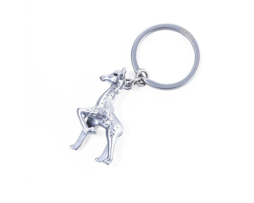 TROIKA GISELA, a giraffe keyring in matt silver-coloured chrome-plated metal. A playful, durable accessory for animal lovers and nature enthusiasts.