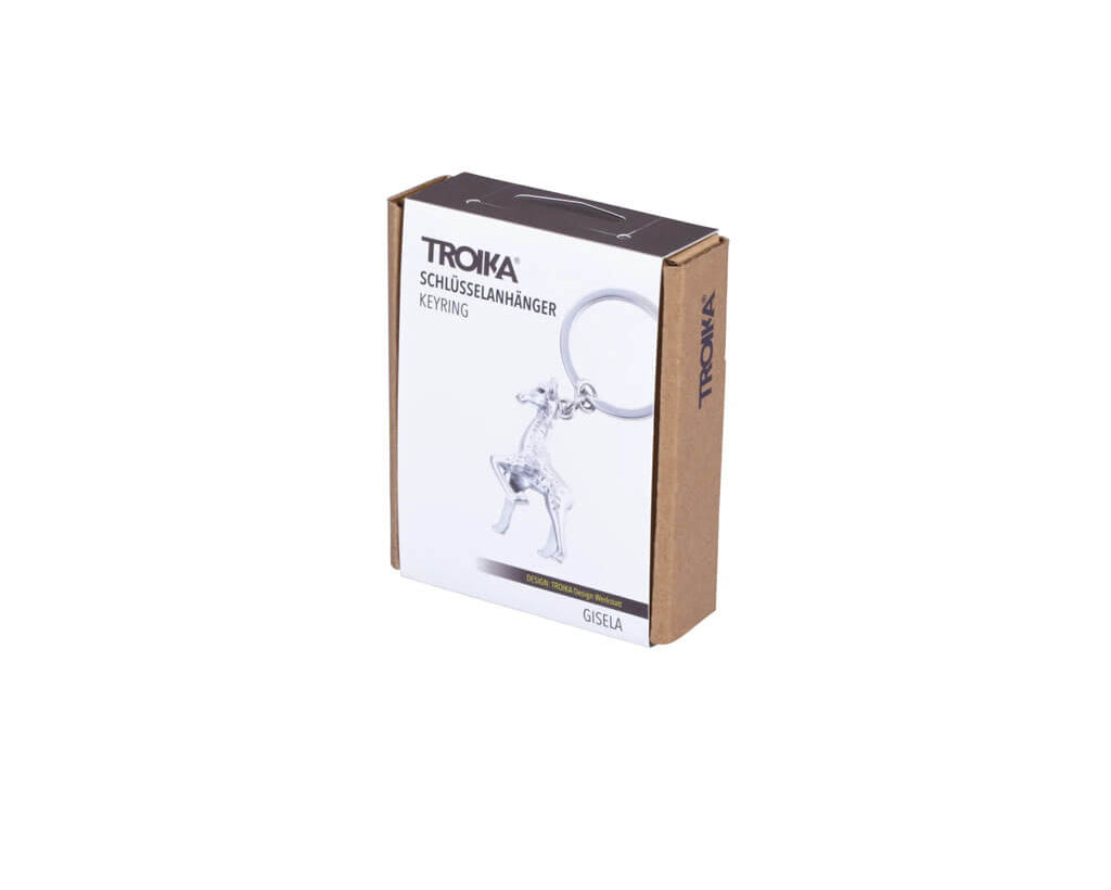 TROIKA GISELA, a giraffe keyring in matt silver-coloured chrome-plated metal. A playful, durable accessory for animal lovers and nature enthusiasts.