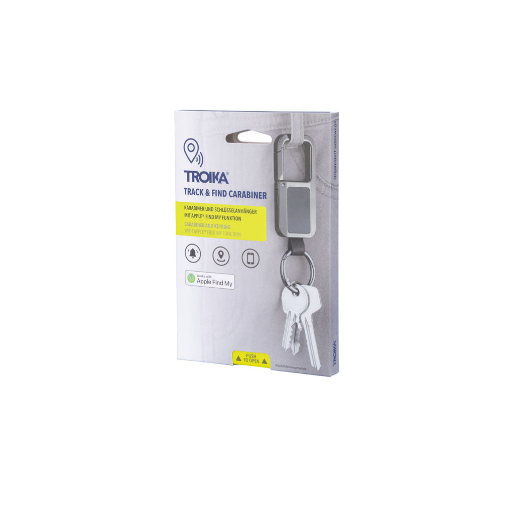 Troika Track & Find Carabiner keychain in its retail packaging, featuring a silver and gray carabiner with two keys attached.