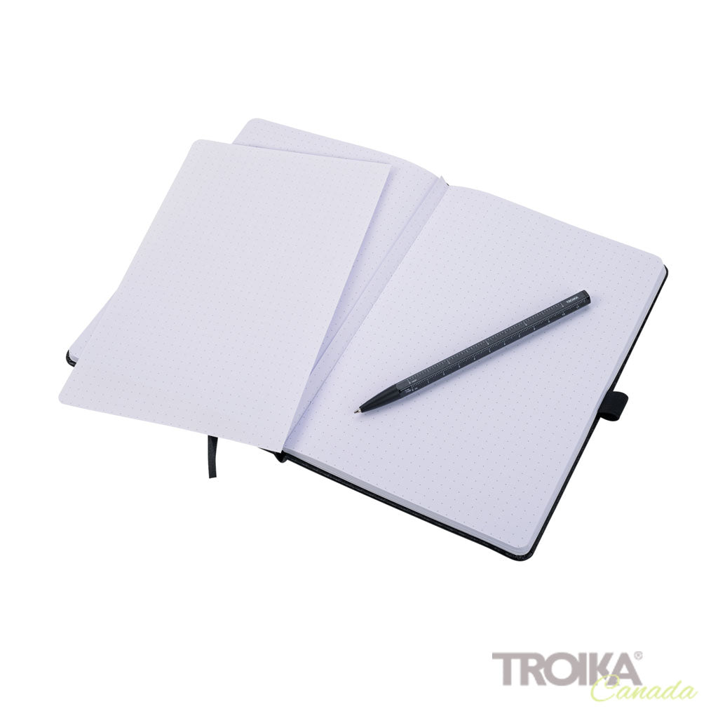 TROIKA Notepad Slimpad A5 Carbon – NPP40/CB with open pages and pen