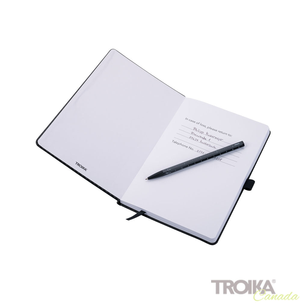 TROIKA Notepad Slimpad A5 Carbon – NPP40/CB, first page and with pen