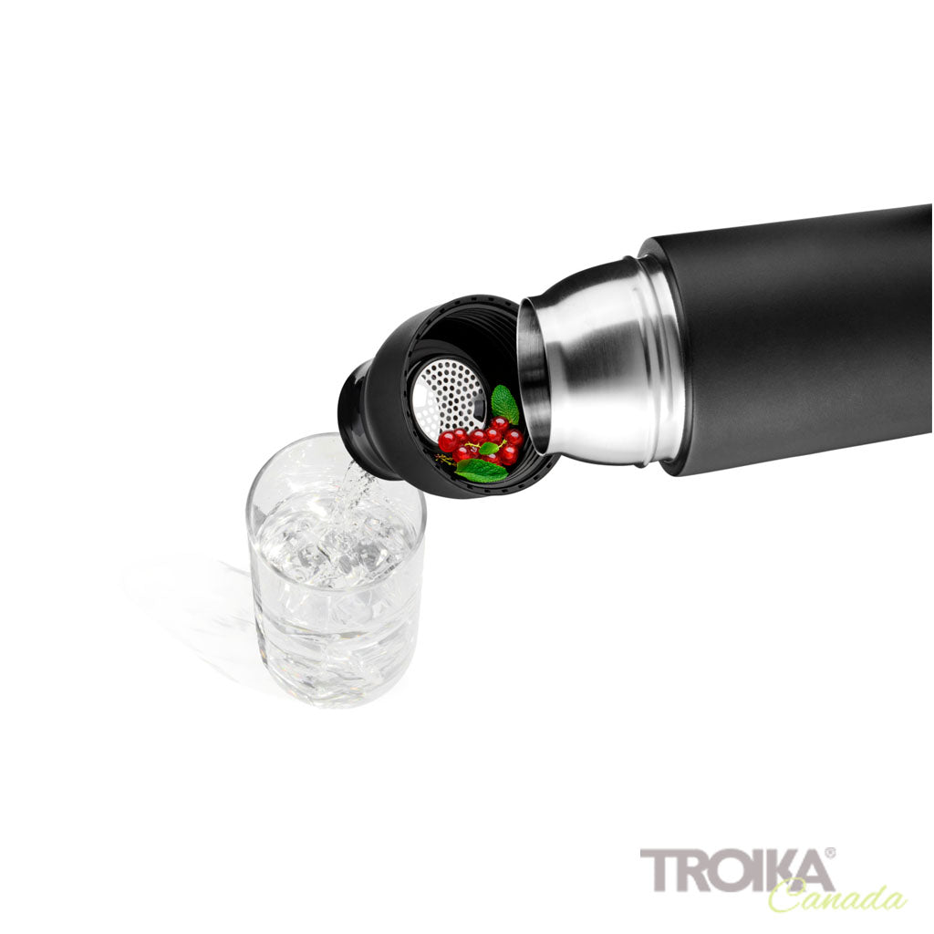 TROIKA Vacuum Flask Infuse+ Black – VAC26/BK showing integrated sieve
