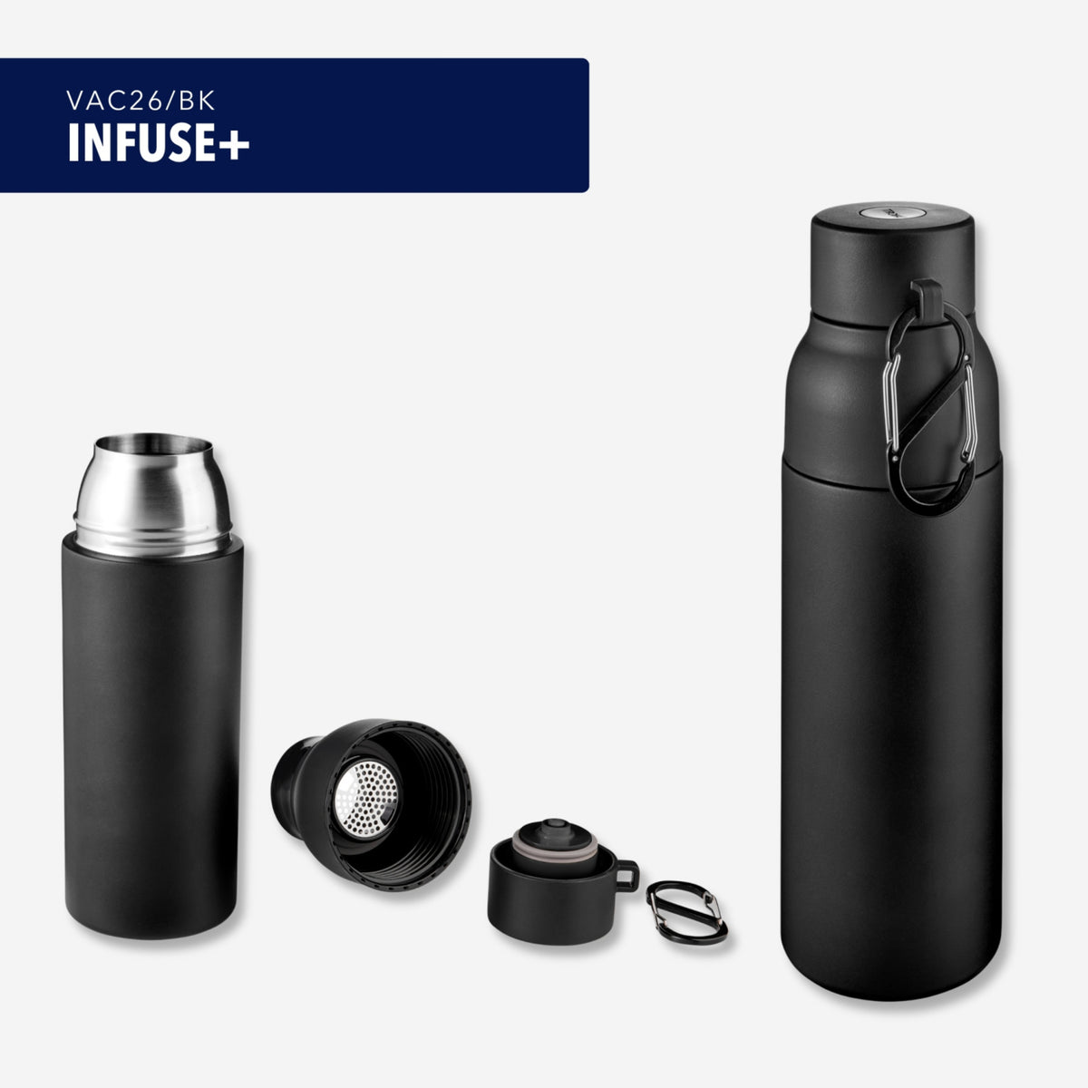 TROIKA Vacuum Flask Infuse+ Black – VAC26/BK with Lid and integrated sieve