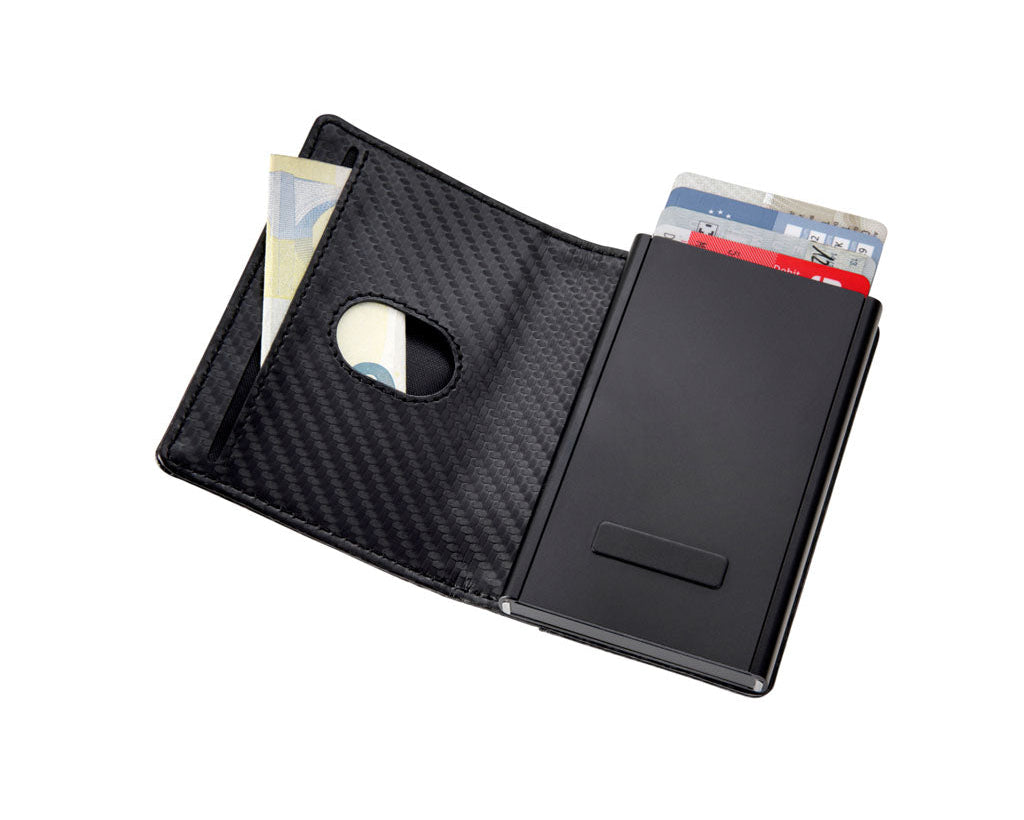 TROIKA Card Case Sherlock Home Carbon Optic – WAL45/CB, with Data Safe, inside view with attached card case, money and cards