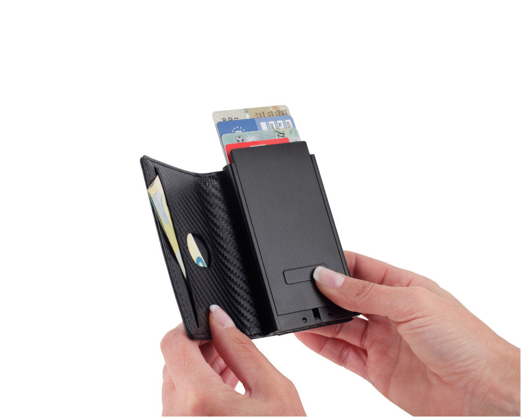 TROIKA Card Case Sherlock Home Carbon Optic – WAL45/CB, with Data Safe, inside view, holding in two hands